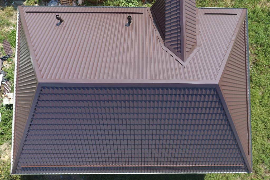 Overhead View Of A Brown Metal Tile Roof